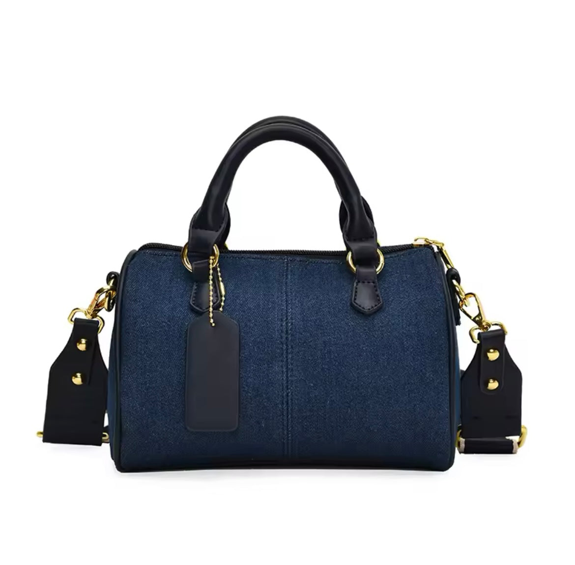 Patchwork mini denim duffle style crossbody purse handbag