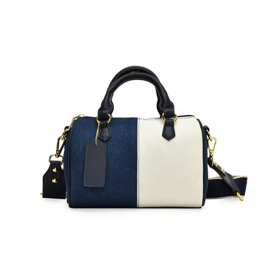 Patchwork mini denim duffle style crossbody purse handbag