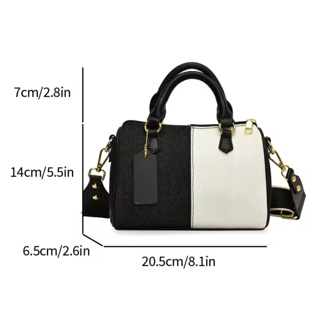 Patchwork mini denim duffle style crossbody purse handbag