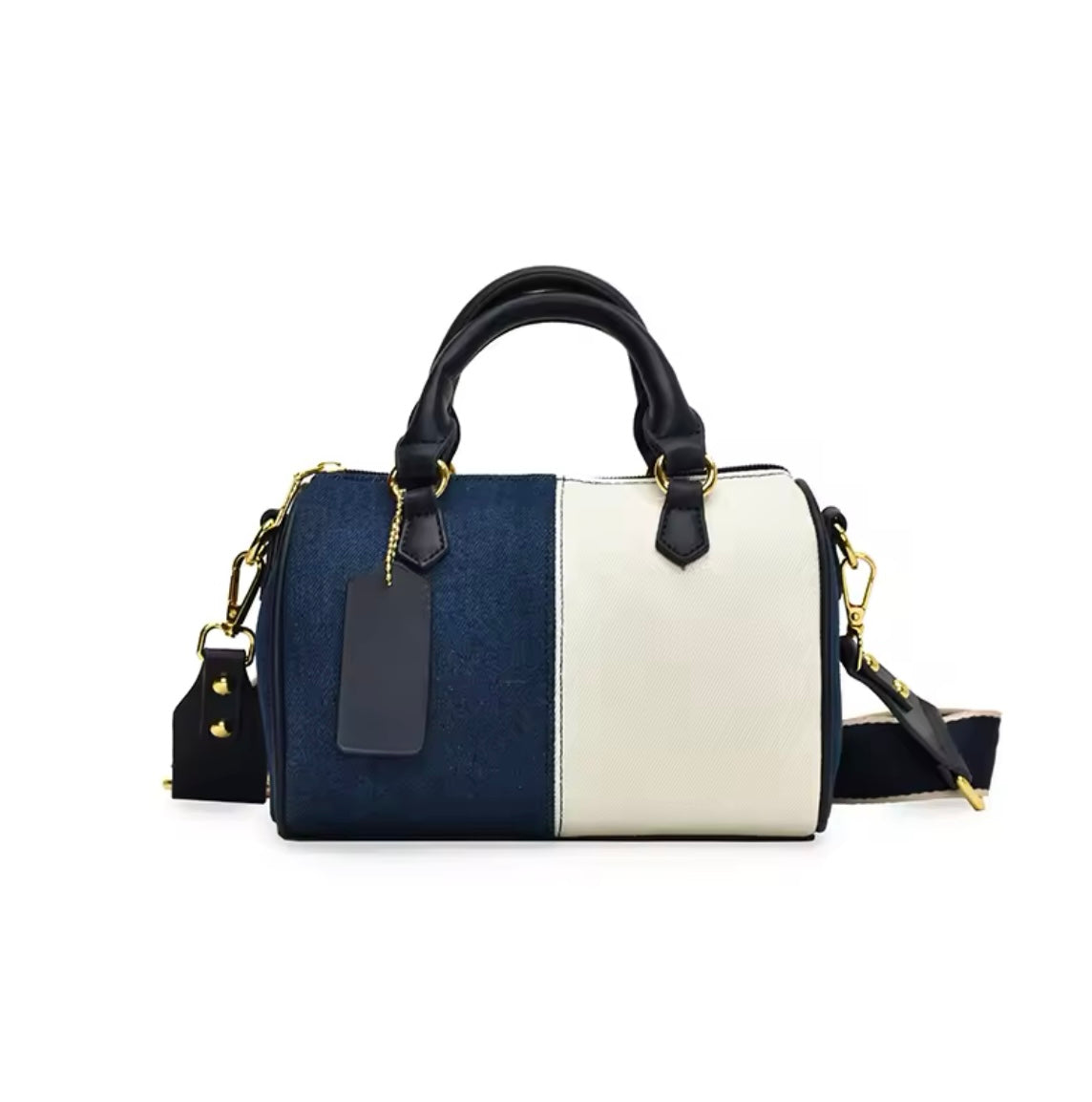 Patchwork mini denim duffle style crossbody purse handbag