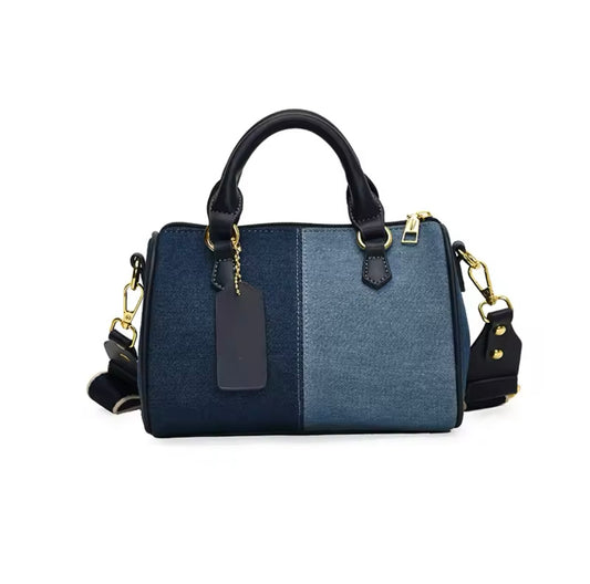 Patchwork mini denim duffle style crossbody purse handbag