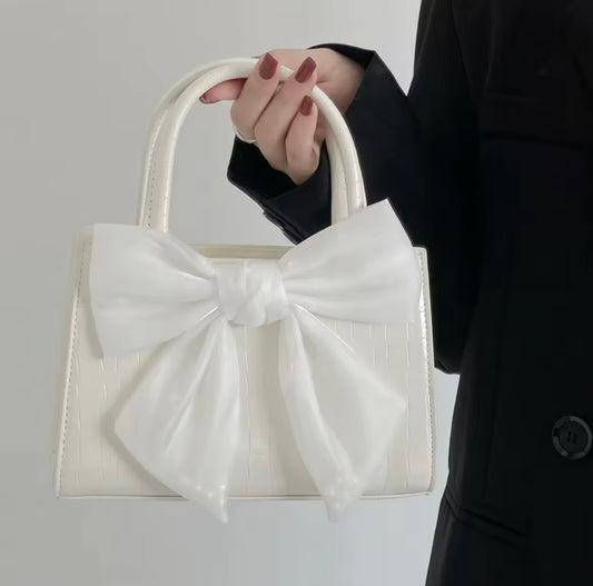 White mini faux leather coquette bow knot square purse handbag