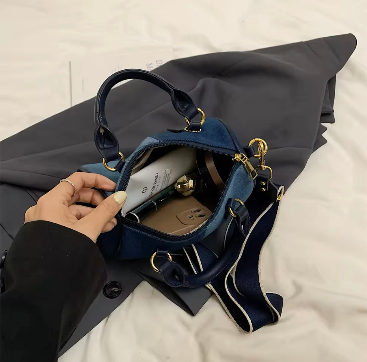 Patchwork mini denim duffle style crossbody purse handbag
